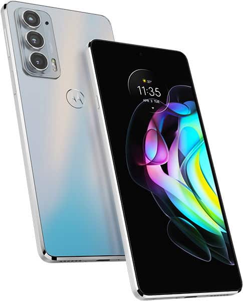 Motorola Edge 20 shown from rear and front angles, displaying gradient white-to-blue finish, triple camera setup, and colorful display wallpaper