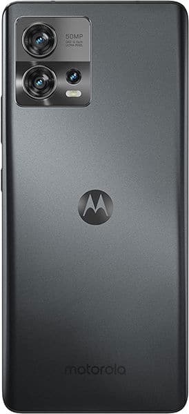 Rear view of black Motorola Edge 30 Fusion shows rectangular dual-lens camera, "50MP" text, and centered Motorola logo.