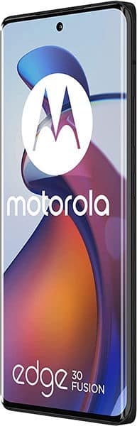 Front view of a Motorola Edge 30 Fusion upright, screen on with Motorola logo and colorful abstract wallpaper visible.