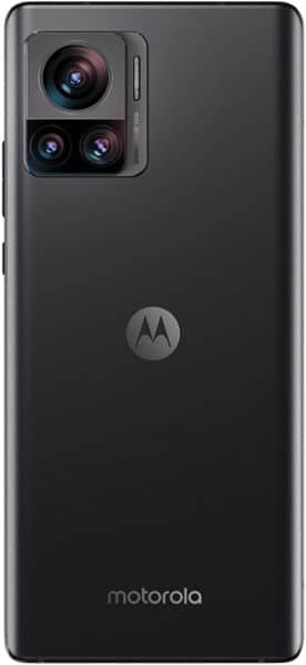 Motorola Edge 30 Ultra rear view, showing triple camera setup and Motorola logo on black back panel
