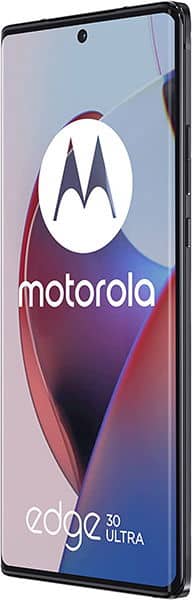 Motorola Edge 30 Ultra front view showing display with Motorola logo and colorful gradient wallpaper, hole-punch camera, and edge branding