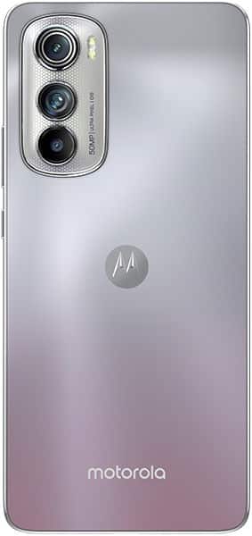 Motorola Edge 30 rear view, showing silver-to-purple gradient finish with triple camera module and Motorola logo