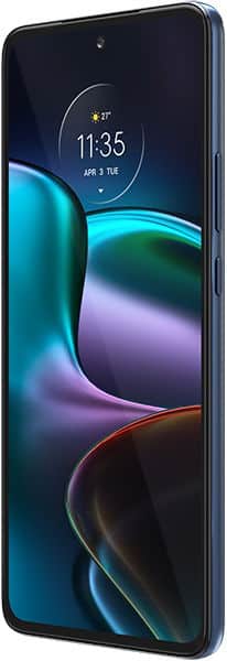 Motorola Edge 30 front view, displaying lock screen with time 11:35 and colorful abstract wallpaper with blue and purple gradients