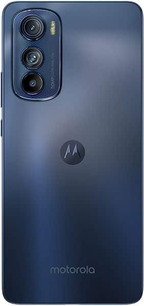 Motorola Edge 30 rear view, showing triple camera setup and blue gradient back panel with Motorola branding