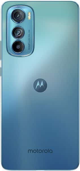 Motorola Edge 30 rear view, showing triple camera setup and gradient blue finish