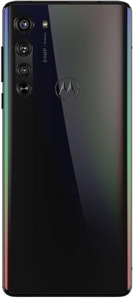 Rear view of black Motorola Edge showing four vertically stacked cameras top left and centered Motorola logo below.
