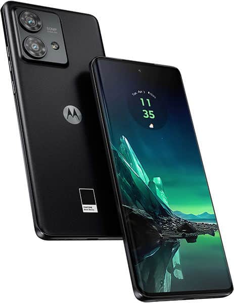 Motorola Edge 40 Neo, rear and front views, black phone with dual rear cameras and landscape wallpaper on screen