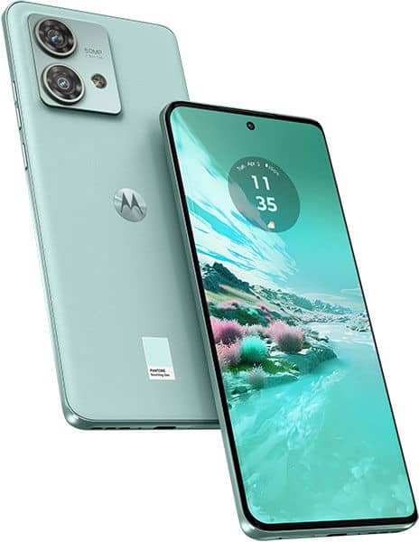 Motorola Edge 40 Neo, front and rear view, mint green, displaying landscape wallpaper on screen with dual rear cameras