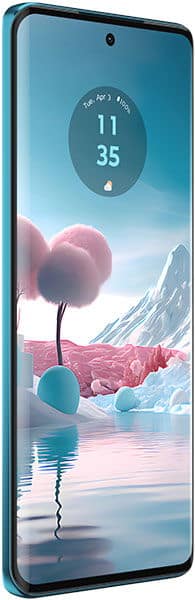 Motorola Edge 40 Neo front view with surreal landscape wallpaper showing pink tree, water, and mountains with time display