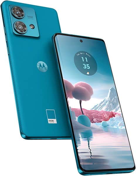 Motorola Edge 40 Neo in teal, shown from rear and front angles displaying dual cameras and landscape wallpaper on screen