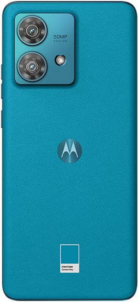 Motorola Edge 40 Neo rear view, teal blue with dual rear cameras labeled 50MP, Motorola logo, and bottom branding