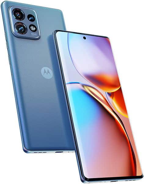 Motorola Edge 40 Pro in blue shown front and rear, highlighting punch-hole display and triple-lens rear camera module.
