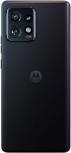 Rear view of black Motorola Edge 40 Pro with triple rear cameras, LED flash (top left), and centered Motorola logo.