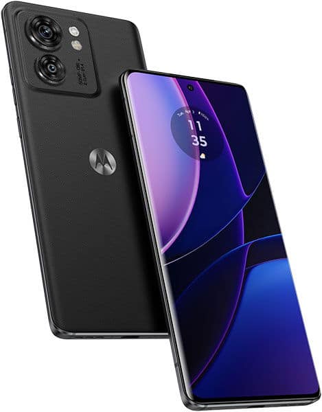 Motorola Edge 40 in black, front view with centered camera cutout, rear view showing dual cameras and Motorola logo.