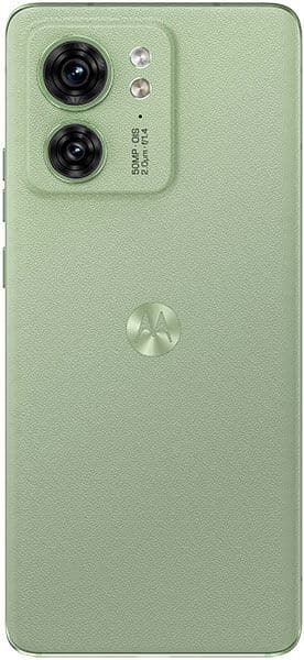 Rear view of green Motorola Edge 40 showing dual cameras, flash in top left corner, and centered Motorola logo on textured back.
