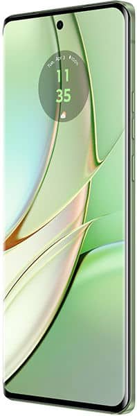 Motorola Edge 40 front view showing a bezel-less display, centered hole-punch camera, green wallpaper, and right-side buttons.