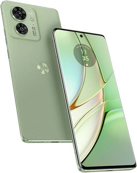 Motorola Edge 40 in green shown front and rear; rear with dual cameras, logo; front displays screen with circular clock widget.