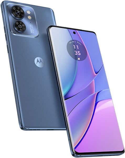Motorola Edge 40 in blue shown front and rear; rear has dual cameras with flash, front has thin bezels and centered punch-hole camera.