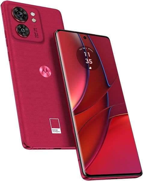 Red Motorola Edge 40 shown front and back; rear has dual cameras and logo, front shows red screen graphic with center camera.