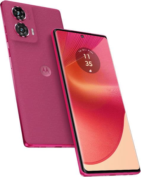 Motorola Edge 50 Fusion, rear and front views, pink, showing dual camera system and display with gradient wallpaper
