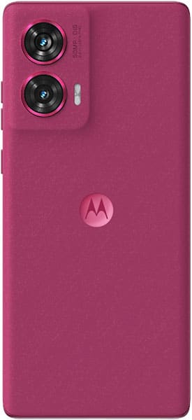 Motorola Edge 50 Fusion rear view, magenta pink with dual rear cameras and Motorola logo