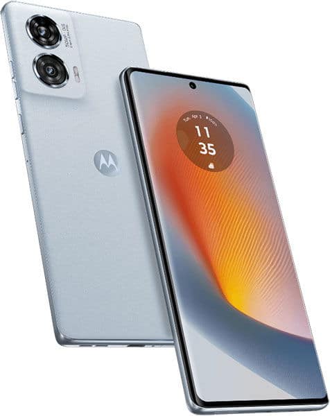 Motorola Edge 50 Fusion in light blue, shown from rear and front angles displaying dual rear cameras and colorful display with time widget