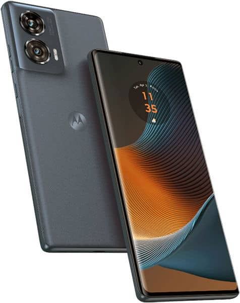 Motorola Edge 50 Fusion rear and front views, showing dual circular camera setup and display with orange and teal wave pattern wallpaper