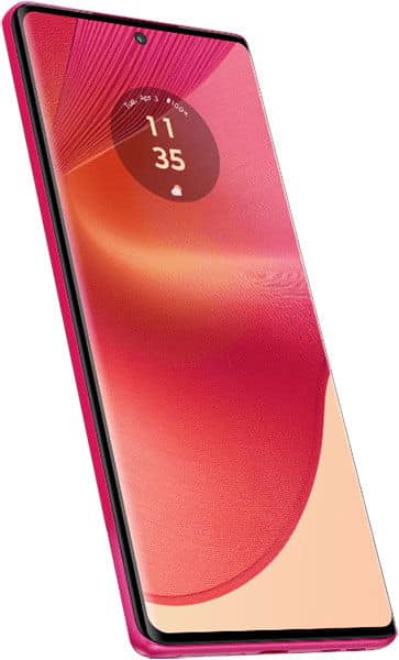 Motorola Edge 50 Fusion front view displaying a pink gradient screen showing the time 11:35 and a red-pink case against a white background