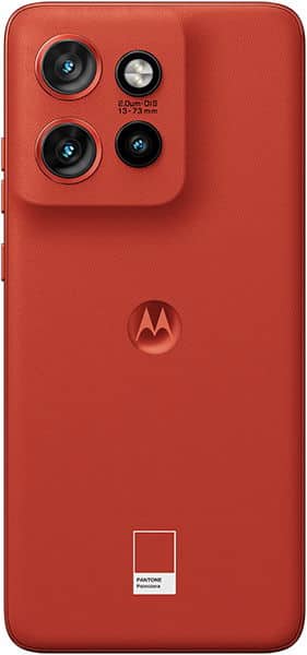 Motorola Edge 50 Neo rear view in red, showing quad camera module with Motorola logo and certification label
