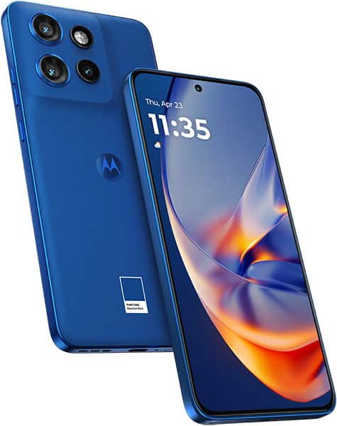 Motorola Edge 50 Neo in blue, shown front and rear views with quad camera setup and display showing time 11:35
