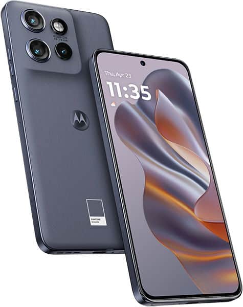 Motorola Edge 50 Neo front and rear view, charcoal gray, showing quad camera and display with time 11:35