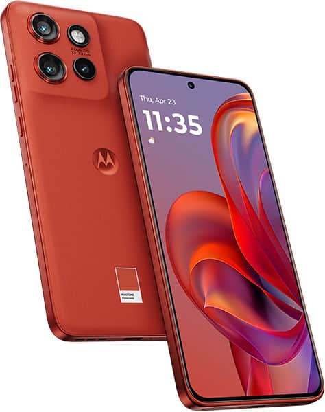 Motorola Edge 50 Neo in red, shown front and back with quad camera setup and colorful abstract display wallpaper