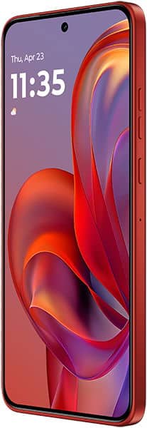 Motorola Edge 50 Neo front view showing red frame, display with colorful abstract wallpaper, and time 11:35