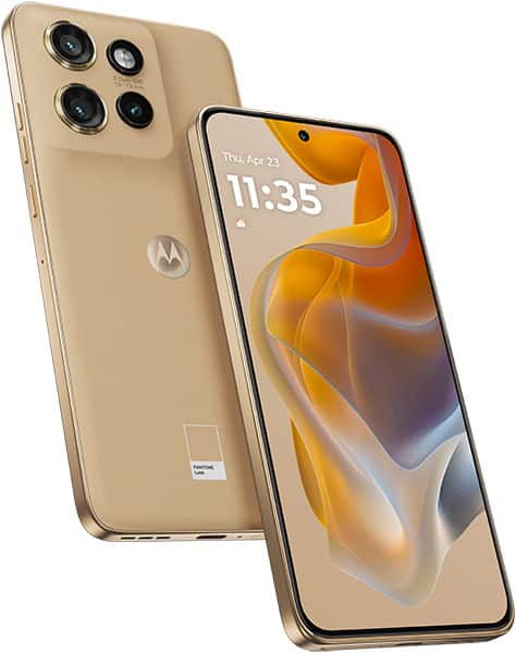 Motorola Edge 50 Neo in beige, shown from rear and front angles, displaying quad camera setup and amber-patterned home screen