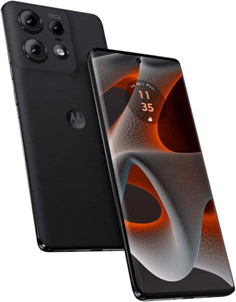 Motorola Edge 50 Pro rear and front views, black phone showing quad camera setup and orange abstract screen wallpaper