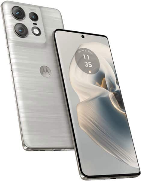 Motorola Edge 50 Pro shown from rear and front angles, displaying quad camera setup and display with clock widget