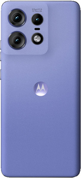 Motorola Edge 50 Pro rear view, periwinkle blue with quad camera array and Motorola logo