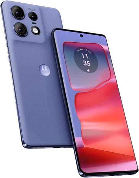 Motorola Edge 50 Pro in blue, shown from rear and front angles displaying quad camera setup and colorful gradient display