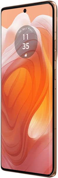 Motorola Edge 50 Ultra front view with colorful orange and red abstract wallpaper on screen, showing time 11:35