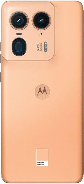 Motorola Edge 50 Ultra rear view in peach, showing triple camera setup and Motorola logo