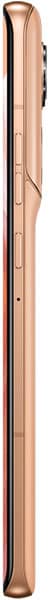 Motorola Edge 50 Ultra, side view, showing rose gold finish and button layout along the edge