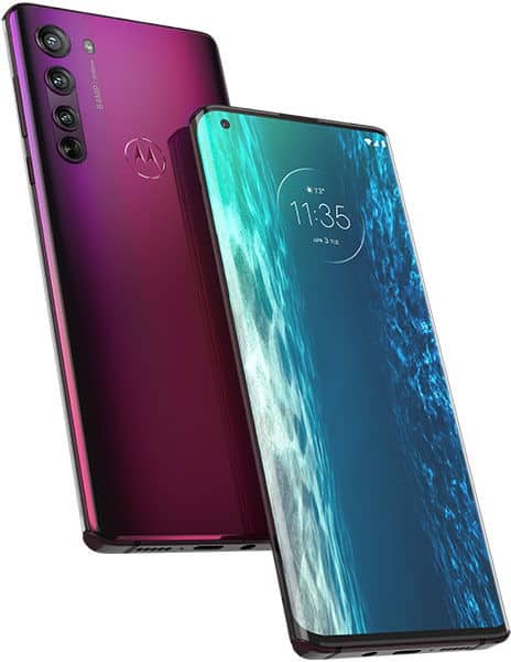 Motorola Edge front view shows display with blue abstract wallpaper; rear view highlights purple gradient and four cameras.