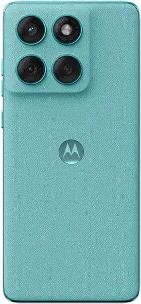 Motorola Edge 60 Fusion rear view with four camera lenses and Motorola logo on turquoise textured back
