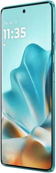 Motorola Edge 60 Fusion front view with turquoise frame, large display showing time 11:35 and abstract blue-orange wallpaper