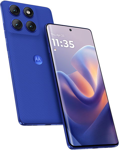 Blue Motorola Edge 60 Pro shown front and rear; triple rear cameras, textured back, and display with time 11:35, date April 23.