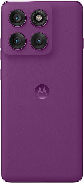 Rear view of purple Motorola Edge 60 Pro, four rear cameras in a square on top left, Motorola logo centered on back.