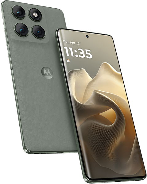 Motorola Edge 60 Pro in green, shown front (screen on) and rear (triple cameras, top left). Time reads 11:35, date Apr 23.