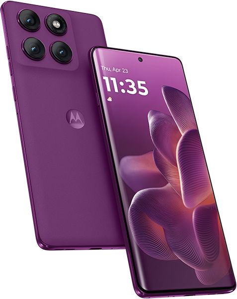Purple Motorola Edge 60 Pro shown front and rear; front shows 11:35 on purple wallpaper, rear has triple cameras in a triangle.