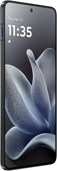 Motorola Edge 70 front view with display showing time 11:35 and abstract blue wave wallpaper