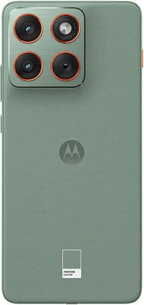 Motorola Edge 70 rear view, sage green with quad camera module featuring red-rimmed lenses and Motorola logo